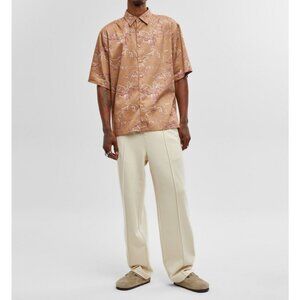 Mode of One Mens Relaxed Fit Printed Button Down Shirt Spiced Caramel Size S NWT